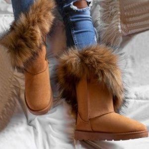 Asymmetrical Faux Fur Pull On Boots in Tan